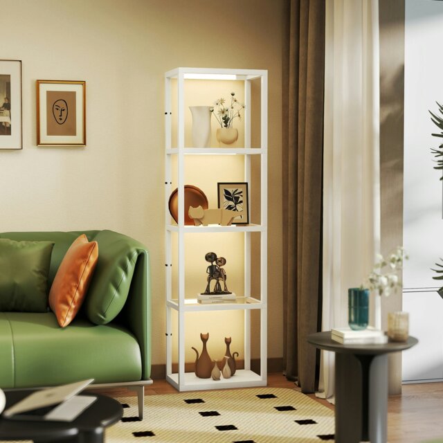 Rackhams LED Floor Lamp with Glass Shelves, Dimmable Room Lamp, Oak - White