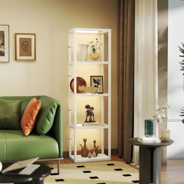 Rackhams LED Floor Lamp with Glass Shelves, Dimmable Room Lamp, Oak - White