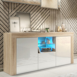 Rackhams 145cm Modern TV Unit, Cabinet Stand & , with White Gloss Doors & Free LED - 145 cm - 1 - Oak Matt Body & White Gloss Doors