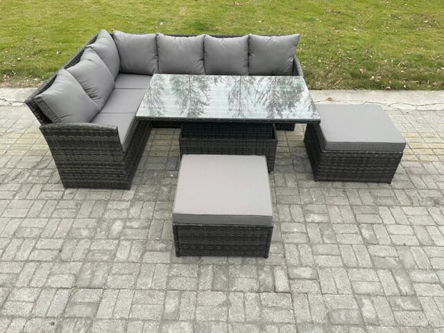 Rackhams Outdoor Garden Furniture Set Wicker PE Rattan Height Adjustable Rising Lifting Table Sofa Dining Set with 2 Big Footstool Dark Grey Mixed - image 1