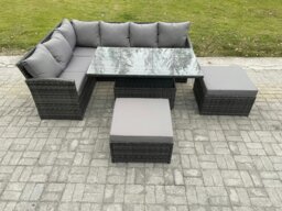 Rackhams Outdoor Garden Furniture Set Wicker PE Rattan Height Adjustable Rising Lifting Table Sofa Dining Set with 2 Big Footstool Dark Grey Mixed - thumbnail 1