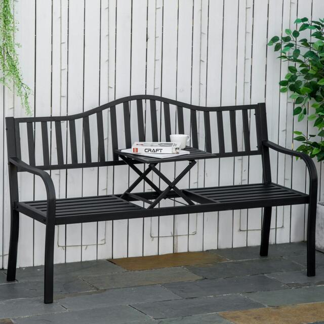 Rackhams Outdoor Bench with Liftable Middle Table, Patio Loveseat, Black - Metal - Outdoor Bench - Black - image 1