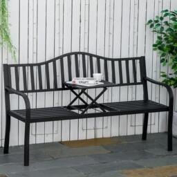 Rackhams Outdoor Bench with Liftable Middle Table, Patio Loveseat, Black - Metal - Outdoor Bench - Black - thumbnail 1