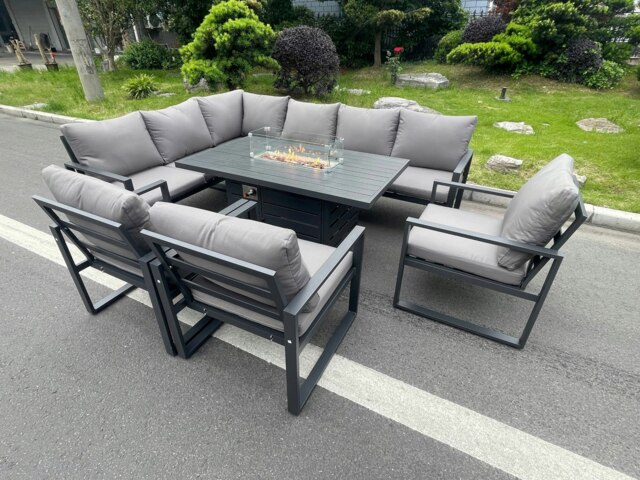 Rackhams Aluminum Outdoor Garden Furniture Set Corner Sofa 3 PC Chairs Gas Fire Pit Dining Table Set Gas Heater Burner Dark Grey 8 Seater - image 1