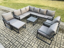 Rackhams 10 Seater Aluminium Garden Furniture Set Outdoor Lounge Corner Sofa 3 Pcs Chair Square Coffee Table Sets with Big Footstool Dark Grey - thumbnail 1