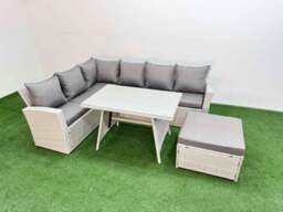 Rackhams Garden Outdoor Rattan Furniture Set Rattan Corner Sofa Oblong Dining Table Set with Big Footstool Light Grey Mixed 7 Seater - thumbnail 1