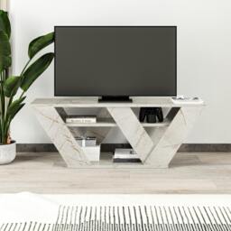 "Rackhams Pipralla Modern TV Stand Unit with Shelves for Up to 43"" TVs 110cm - Gold Marble Effect" - thumbnail 1