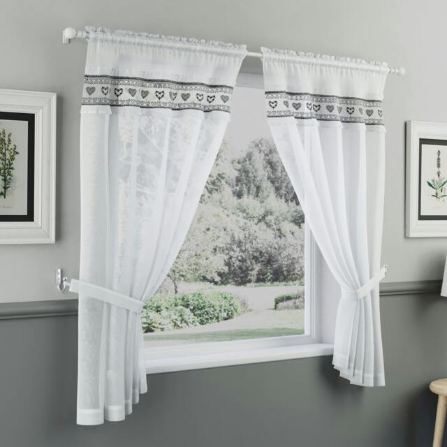"Rackhams Lucy Embroidered Heart Kitchen Window Set Curtain Pair with Frill Edging and Matching Tie Backs - Black - 55"" (140cm) Width x 42"" (107cm) Drop" - image 1