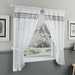 "Rackhams Lucy Embroidered Heart Kitchen Window Set Curtain Pair with Frill Edging and Matching Tie Backs - Black - 55"" (140cm) Width x 42"" (107cm) Drop" - thumbnail 1
