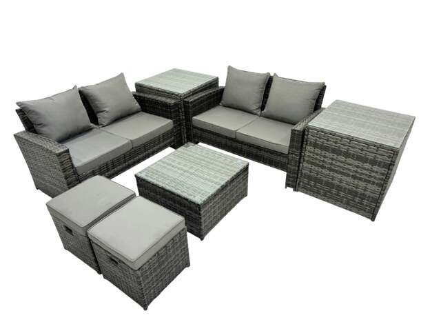 Rackhams PE Rattan Garden Furniture Set Lounge Double Seat Sofa Coffee Table Set with 2 Side Tables 2 Small Stools Dark Grey Mixed - image 1