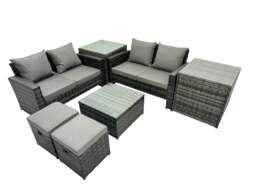 Rackhams PE Rattan Garden Furniture Set Lounge Double Seat Sofa Coffee Table Set with 2 Side Tables 2 Small Stools Dark Grey Mixed - thumbnail 1
