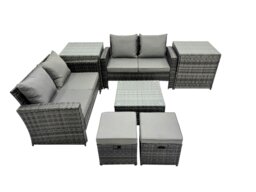Rackhams PE Rattan Garden Furniture Set Lounge Double Seat Sofa Coffee Table Set with 2 Side Tables 2 Small Stools Dark Grey Mixed - thumbnail 2