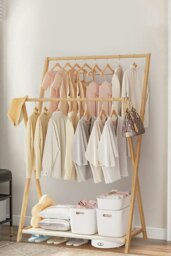 Rackhams 2-Rod Bedroom Floor Stand Solid Wooden Cloak Coat Rack Garment Shelf Holder - Natural - thumbnail 2