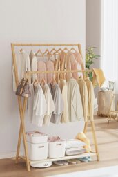 Rackhams 2-Rod Bedroom Floor Stand Solid Wooden Cloak Coat Rack Garment Shelf Holder - Natural