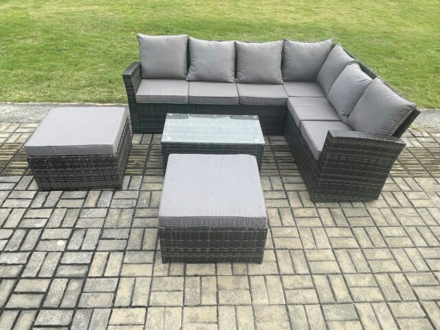 Rackhams Wicker PE Outdoor Garden Furniture Set High Back Rattan Corner Sofa Set with Rectangular Coffee Table 2 Big Footstool - image 1