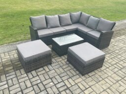 Rackhams Wicker PE Outdoor Garden Furniture Set High Back Rattan Corner Sofa Set with Rectangular Coffee Table 2 Big Footstool - thumbnail 2