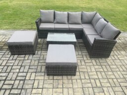 Rackhams Wicker PE Outdoor Garden Furniture Set High Back Rattan Corner Sofa Set with Rectangular Coffee Table 2 Big Footstool - thumbnail 1