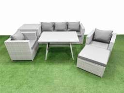 Rackhams 7 Pieces Outdoor PE Rattan Sofa Armchair Set Patio Garden Furniture Sets with Cushions Side Table Big Stool Light Grey - thumbnail 1