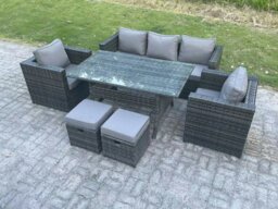 Rackhams 7 Seater PE Wicker Rattan Garden Furniture Set Lounge Sofa Chair and Rectangular Dining Table Set 2 Small Footstools Dark Grey Mixed - thumbnail 2