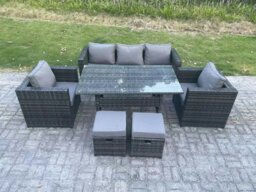 Rackhams 7 Seater PE Wicker Rattan Garden Furniture Set Lounge Sofa Chair and Rectangular Dining Table Set 2 Small Footstools Dark Grey Mixed - thumbnail 1