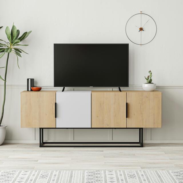 Rackhams Tontini Modern TV Unit Multimedia Centre with Storage TV Cabinet 140cm - Oak White - image 1