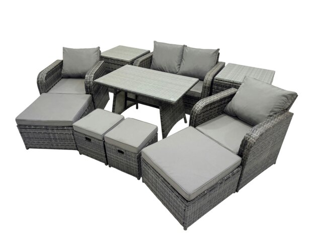 Rackhams 8 Seater Garden Outdoor Rattan Furniture Set Rattan Sofa Oblong Dining Table with 2 Big Stools 2 Side Table Dark Grey - image 1