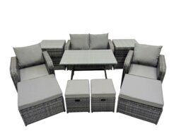 Rackhams 8 Seater Garden Outdoor Rattan Furniture Set Rattan Sofa Oblong Dining Table with 2 Big Stools 2 Side Table Dark Grey - thumbnail 2