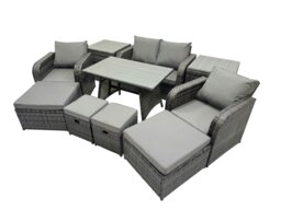 Rackhams 8 Seater Garden Outdoor Rattan Furniture Set Rattan Sofa Oblong Dining Table with 2 Big Stools 2 Side Table Dark Grey - thumbnail 1