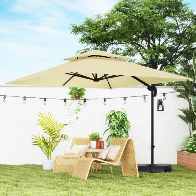 Rackhams 2.7 x 2.7(m) Cantilever Parasol with Aluminium Frame, Crank and Tilt, 360° Rotation, Double Top Garden Umbrella with Base and Cover, Khaki - Khaki - 268L x 268W x 265H cm - image 1