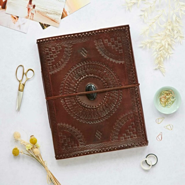 Rackhams Indra Extra Large Embossed & Stitched Leather Photo Album with Semi-Precious Stone - Black Onyx - image 1
