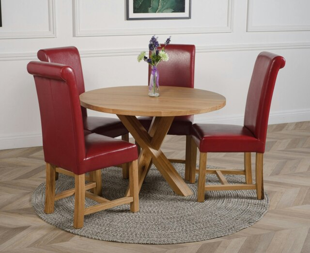 Rackhams Oregon Round Oak Dining Table with Washington Leather Chairs - 1 - 4 chairs - Burgundy - image 1