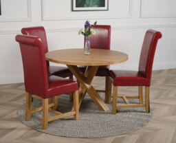 Rackhams Oregon Round Oak Dining Table with Washington Leather Chairs - 1 - 4 chairs - Burgundy