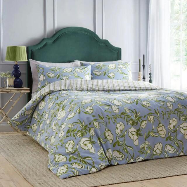 Rackhams Albera Floral Duvet Cover Set - French Blue - King - French Blue - 60% Cotton/40% Polyester