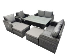 Rackhams 8 Seat Outdoor Wicker PE Rattan Garden Furniture Set Dining Table Sofa Sets with 2 Big Stools Dark Grey Mixed - thumbnail 2