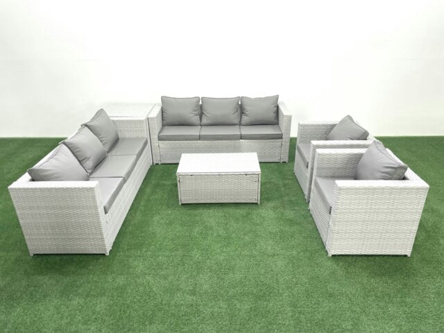 Rackhams Outdoor Rattan Sofa Garden Furniture Set with 2 Armchairs Oblong Coffee Table Side Table Light Grey Mixed - image 1