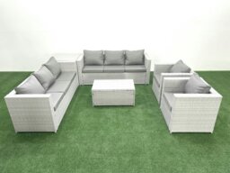 Rackhams Outdoor Rattan Sofa Garden Furniture Set with 2 Armchairs Oblong Coffee Table Side Table Light Grey Mixed - thumbnail 1
