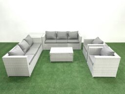 Rackhams Outdoor Rattan Sofa Garden Furniture Set with 2 Armchairs Oblong Coffee Table Side Table Light Grey Mixed - thumbnail 2