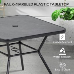 Rackhams Faux-marbled Patio Table with Umbrella Hole Steel Frame for Balcony - Black - Steel, SPCC Plastic - 80W x 80D x 71Hcm - thumbnail 3