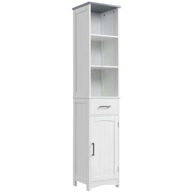 Rackhams Tall Bathroom Storage Cabinet with 3 Tier Shelf, Cupboard, Drawer, Door, Freestanding Linen Tower, Slim Side Organizer, White - image 1