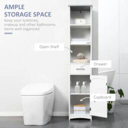 Rackhams Tall Bathroom Storage Cabinet with 3 Tier Shelf, Cupboard, Drawer, Door, Freestanding Linen Tower, Slim Side Organizer, White - thumbnail 4