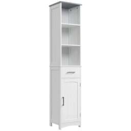 Rackhams Tall Bathroom Storage Cabinet with 3 Tier Shelf, Cupboard, Drawer, Door, Freestanding Linen Tower, Slim Side Organizer, White - thumbnail 1