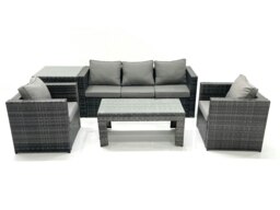 Rackhams Rattan Garden Furniture Set Outdoor Lounger Sofa with Coffee Table 2 Armchair Side Table Dark Grey Mixed - thumbnail 1
