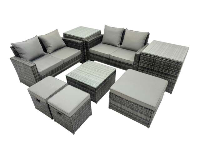 Rackhams PE Rattan Garden Furniture Set Lounge Double Seat Sofa Coffee Table Set with 2 Side Tables 3 Stools Dark Grey Mixed - image 1