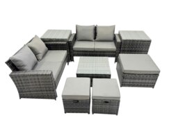 Rackhams PE Rattan Garden Furniture Set Lounge Double Seat Sofa Coffee Table Set with 2 Side Tables 3 Stools Dark Grey Mixed - thumbnail 2