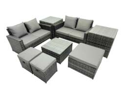 Rackhams PE Rattan Garden Furniture Set Lounge Double Seat Sofa Coffee Table Set with 2 Side Tables 3 Stools Dark Grey Mixed - thumbnail 1