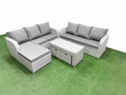 Rackhams Outdoor Garden Furniture Sets 9 Seater Wicker Rattan Furniture Sofa Sets with Oblong Coffee Table high Back Lounge Sofa 3 Stools Light Grey - thumbnail 1