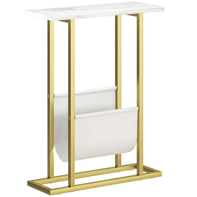 Rackhams Narrow Side Table, End Table with Magazine Holder, Nightstand for Small Spaces, Living Room, Bedroom, White Marble Grain