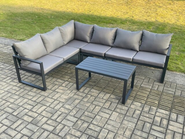 Rackhams Aluminium Garden Furniture Set Outdoor Indoor Lounge Corner Sofa Oblong Coffee Table Sets Dark Grey 6 Seater