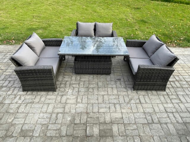 Rackhams 6 Seater Rattan Wicker Garden Furniture Patio Conservatory Sofa Set with Height Adjustable Rising Lifting Table Double Seat Sofa - image 1