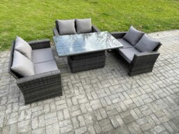 Rackhams 6 Seater Rattan Wicker Garden Furniture Patio Conservatory Sofa Set with Height Adjustable Rising Lifting Table Double Seat Sofa - thumbnail 2